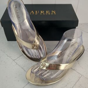 Ralph Lauren Gold Karmina Thong Sandals 8.5 B Metallic Kidskin
